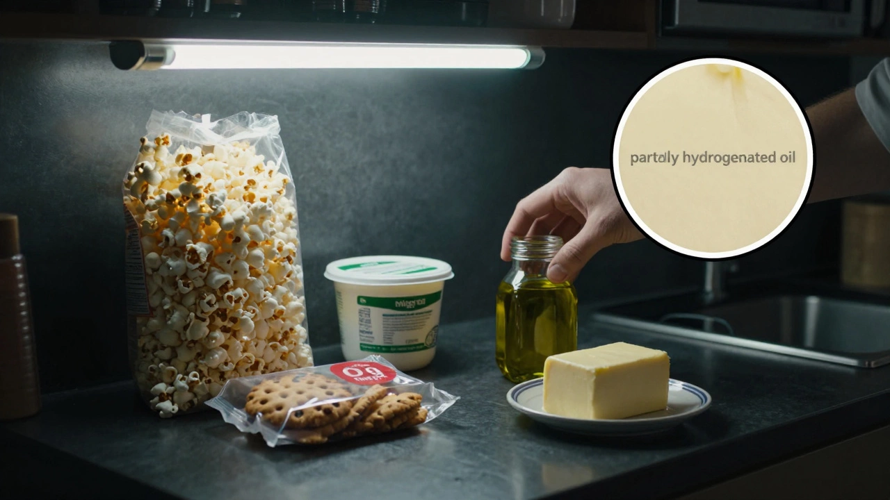 Processed foods with trans fats being replaced by olive oil and butter, under cold kitchen lighting.