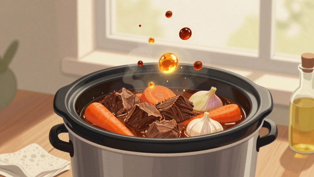 Slow cooker with hearty stew and glowing flavor particles representing depth of taste.