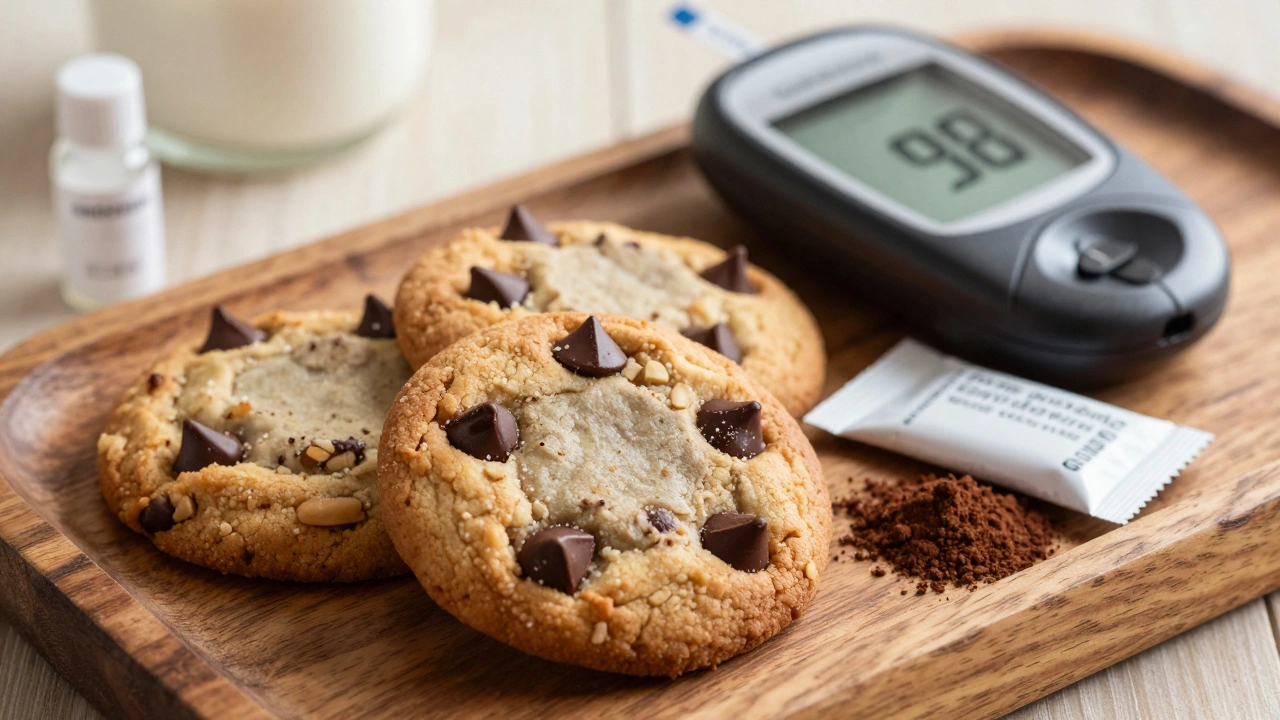 Three homemade cookies with sugar-free chocolate chips beside erythritol and cocoa powder, with a blood glucose meter in the background.