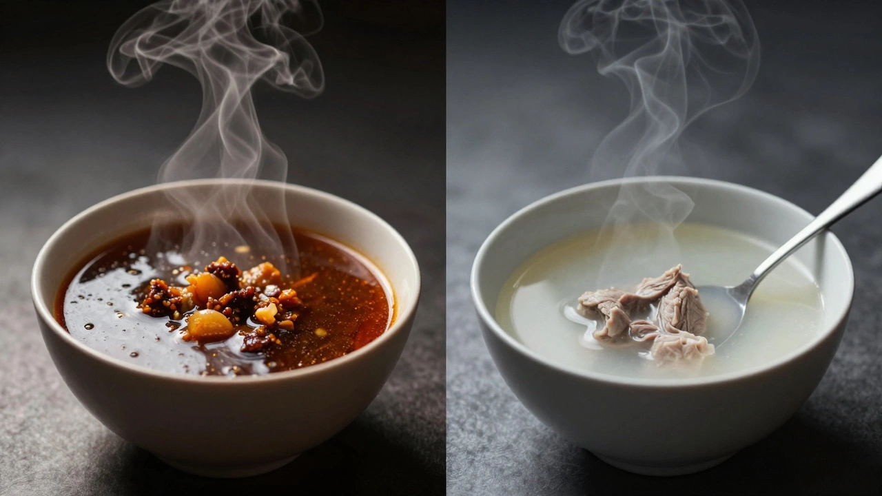 Two bowls of stew side by side, one rich and dark, the other pale and bland.