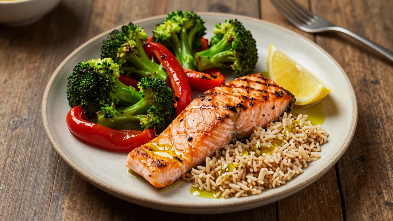 A balanced gluten-free plate with vegetables, salmon, and brown rice, drizzled with olive oil.