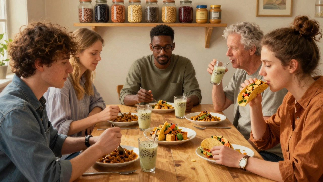 A diverse group of people sharing vegetarian meals at a community table, surrounded by whole food staples.