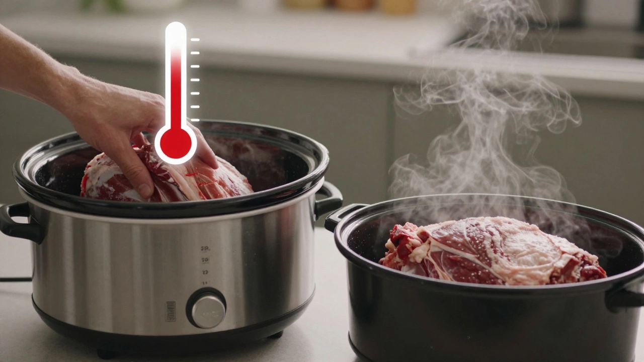 A frozen roast being placed in a slow cooker with a danger zone indicator nearby, emphasizing food safety risks.