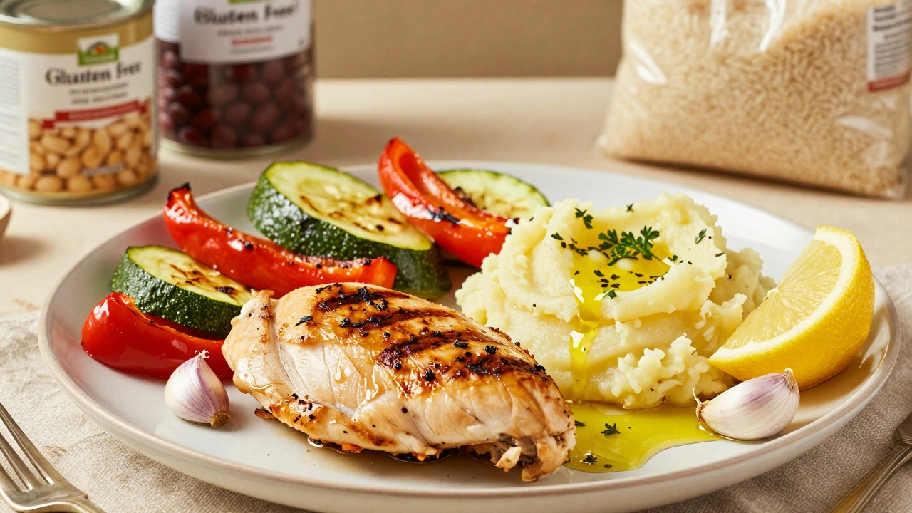A plate of grilled chicken, roasted vegetables, and mashed potatoes with olive oil and herbs, no labels or packaging.