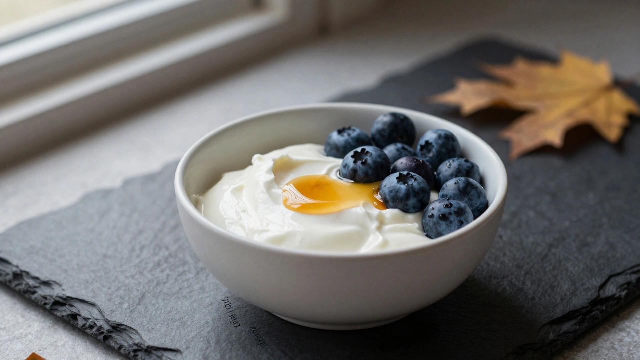 A small bowl of Greek yogurt with blueberries and a drizzle of maple syrup, autumn leaves in the background.