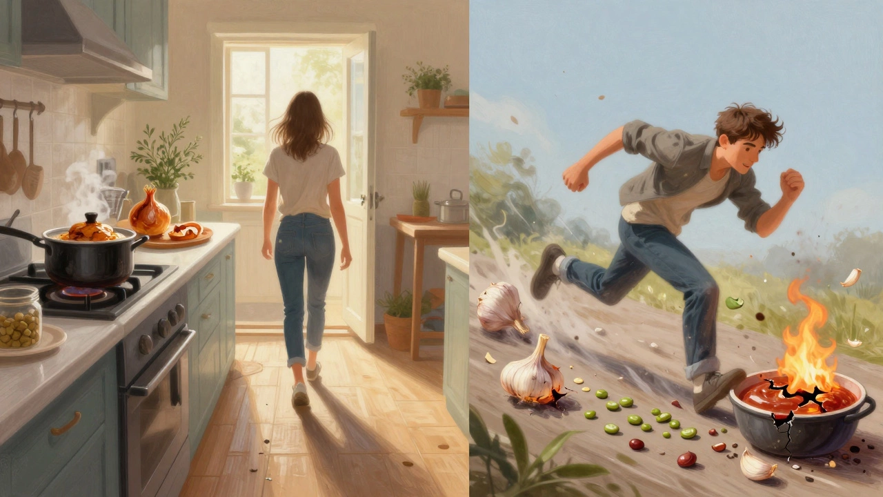 A visual contrast between slow, gentle cooking and rushed high-heat cooking in a kitchen, with warm tones for low and harsh tones for high.