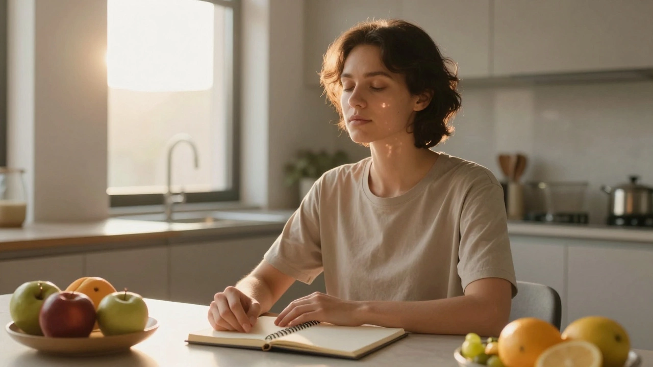 Calm person sitting at a table with notebook in sunlit kitchen.