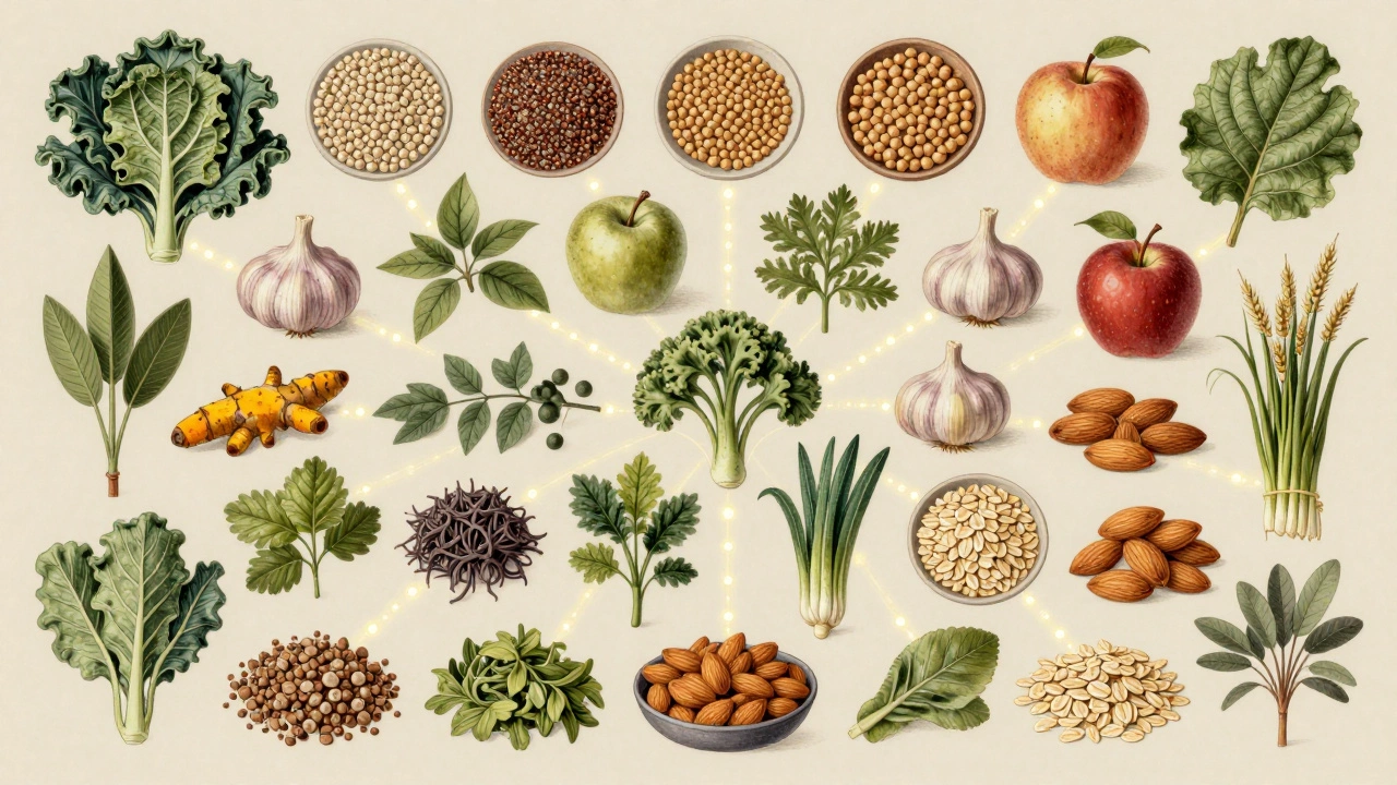 Circular arrangement of 30 plant foods representing gut microbial diversity.