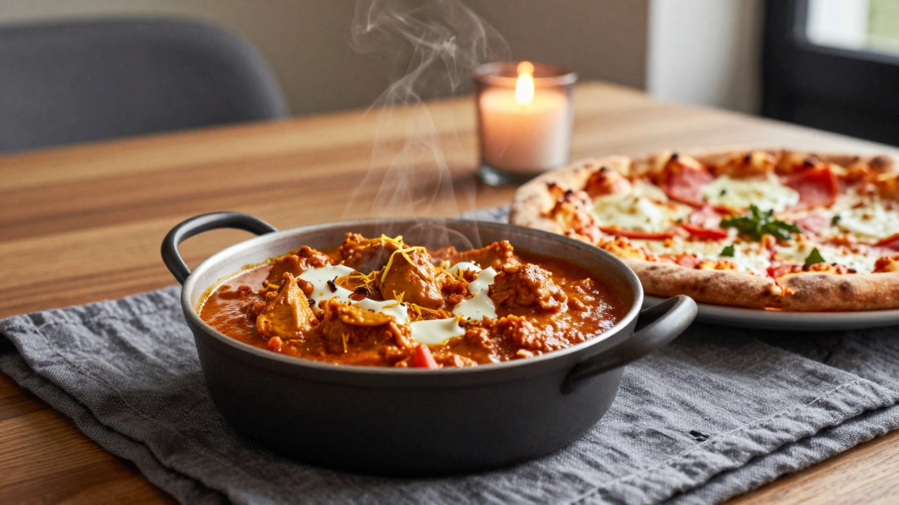 Curry and pizza plates on a wooden dining table with warm light
