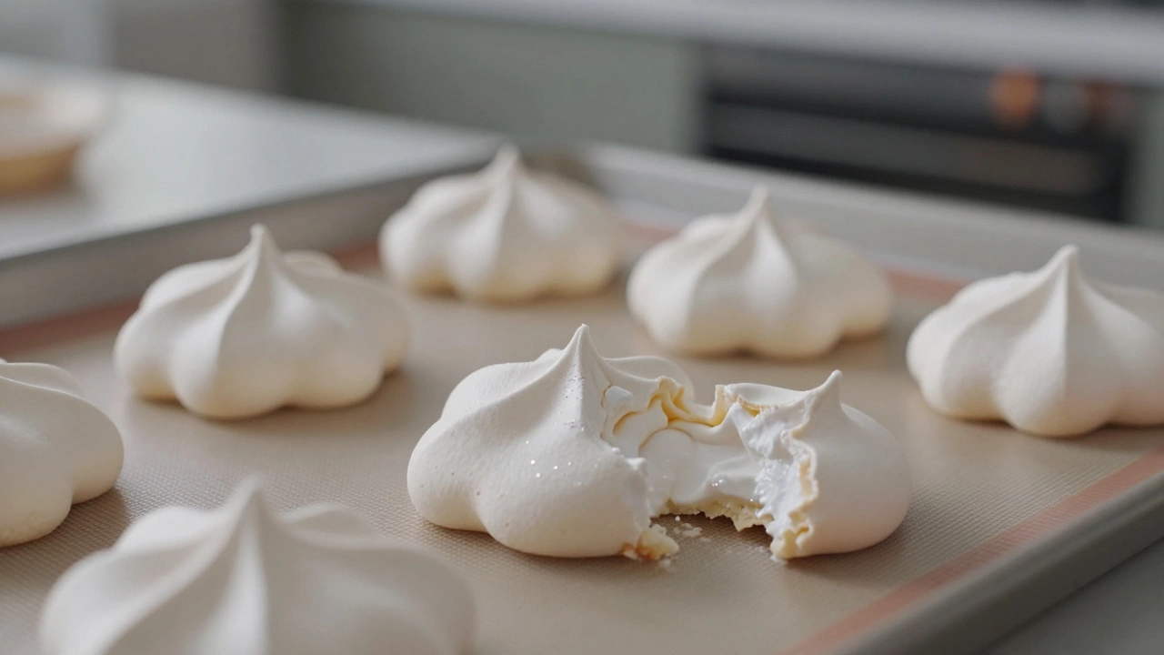 Delicate cloud cookies with a crisp shell and fluffy center, glistening with edible glitter on a baking mat.