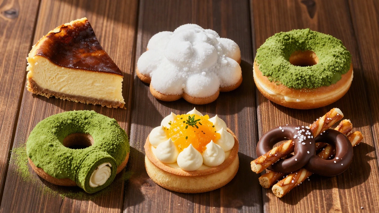 Five trending 2026 desserts arranged together, showcasing contrasting textures: cheesecake, cloud cookie, mochi donut, yuzu tart, and chocolate pretzel rod.