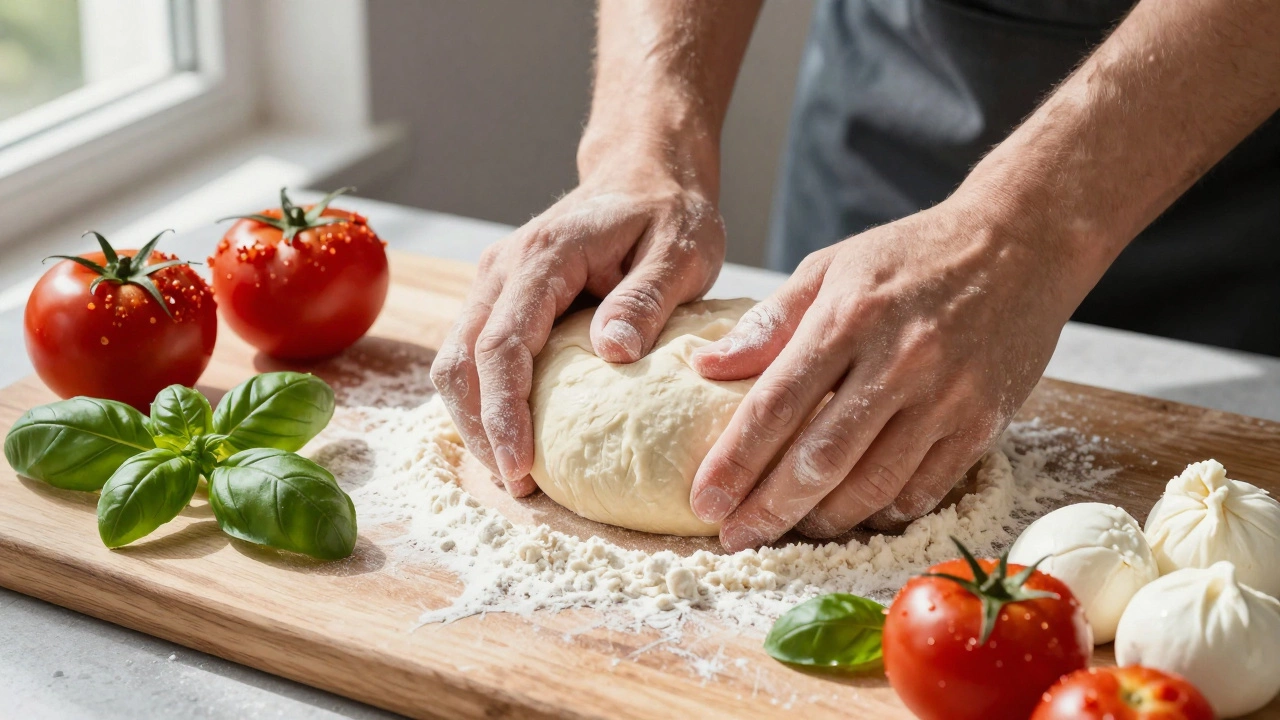 Flour-covered hands kneading dough surrounded by fresh tomatoes