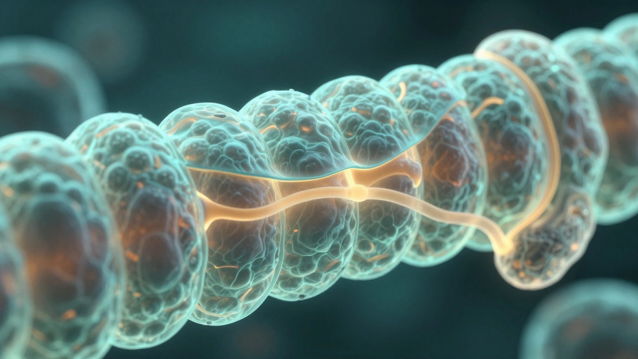 Glowing abstract illustration of gut barrier cells repairing themselves.