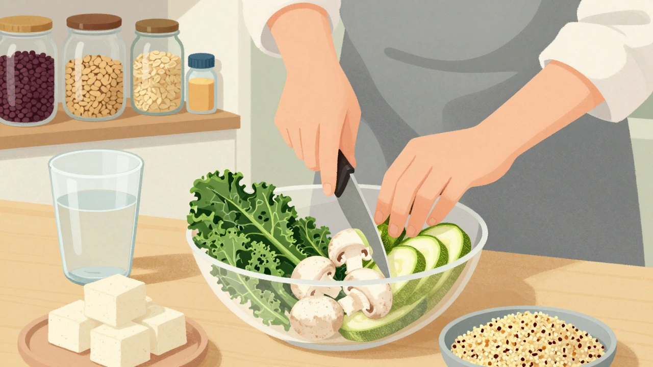 Hands chopping fresh vegetables for a plant-based meal, with legumes and oats visible in the background.