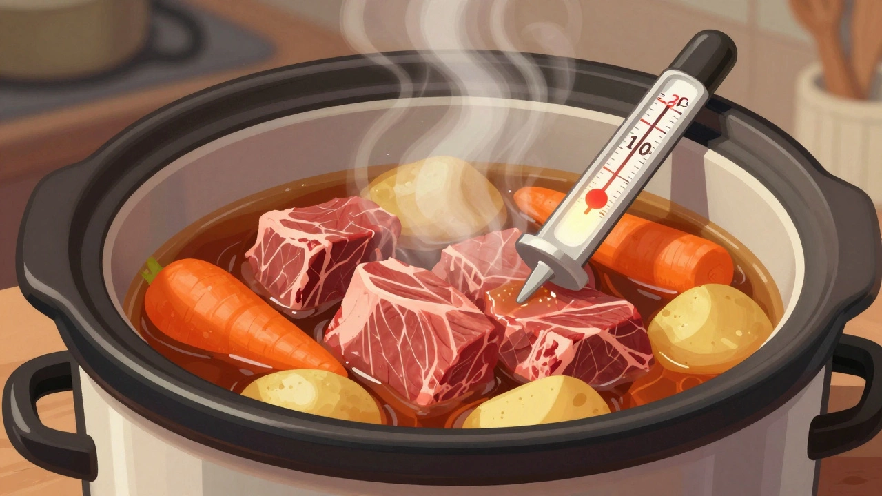 Inside a slow cooker with raw beef chunks and vegetables simmering in broth, steam rising gently.
