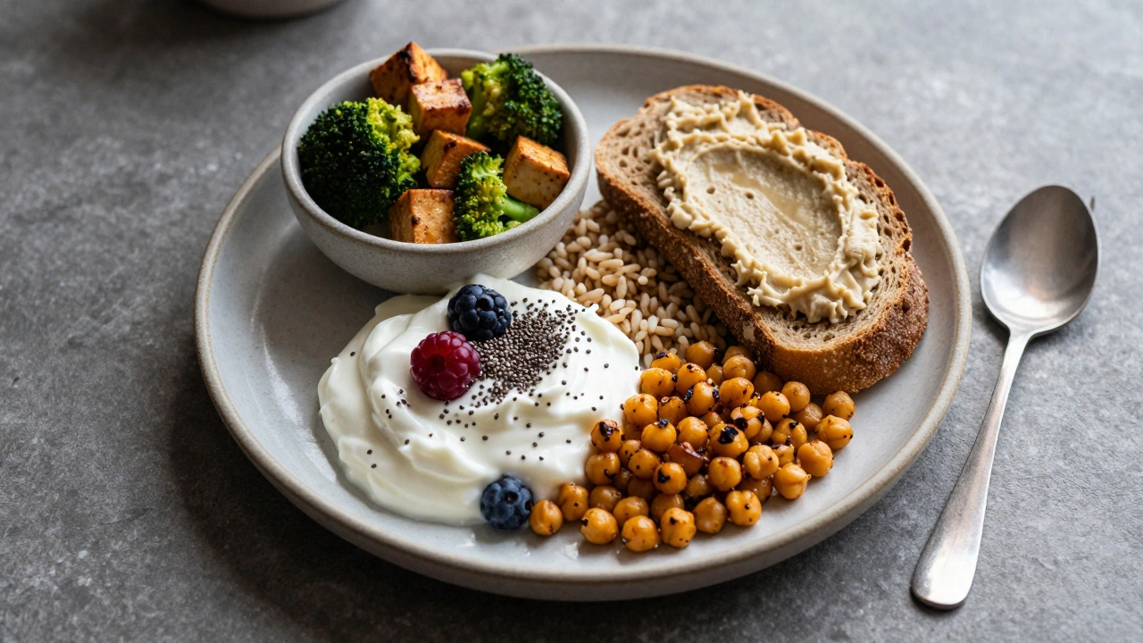 Overhead view of a balanced vegetarian meal with yogurt, chickpeas, hummus, and tofu stir-fry on ceramic plates.