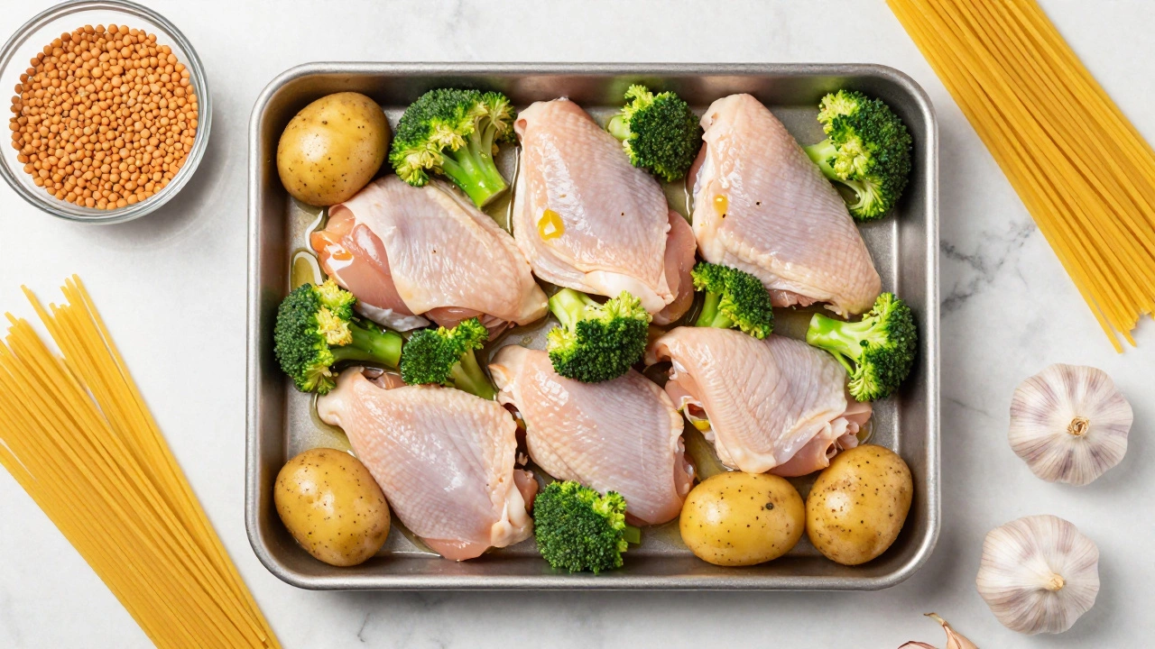 Overhead view of raw pasta, vegetables, and lentils on counter