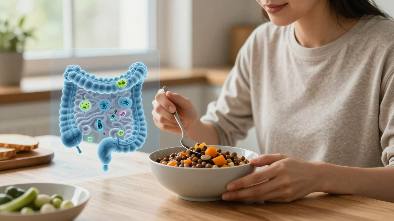 Person eating lentil stew as their gut microbiome transforms with beneficial microbes.