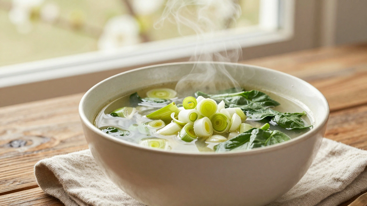 Steaming bowl of vegetable soup on a wooden dining table