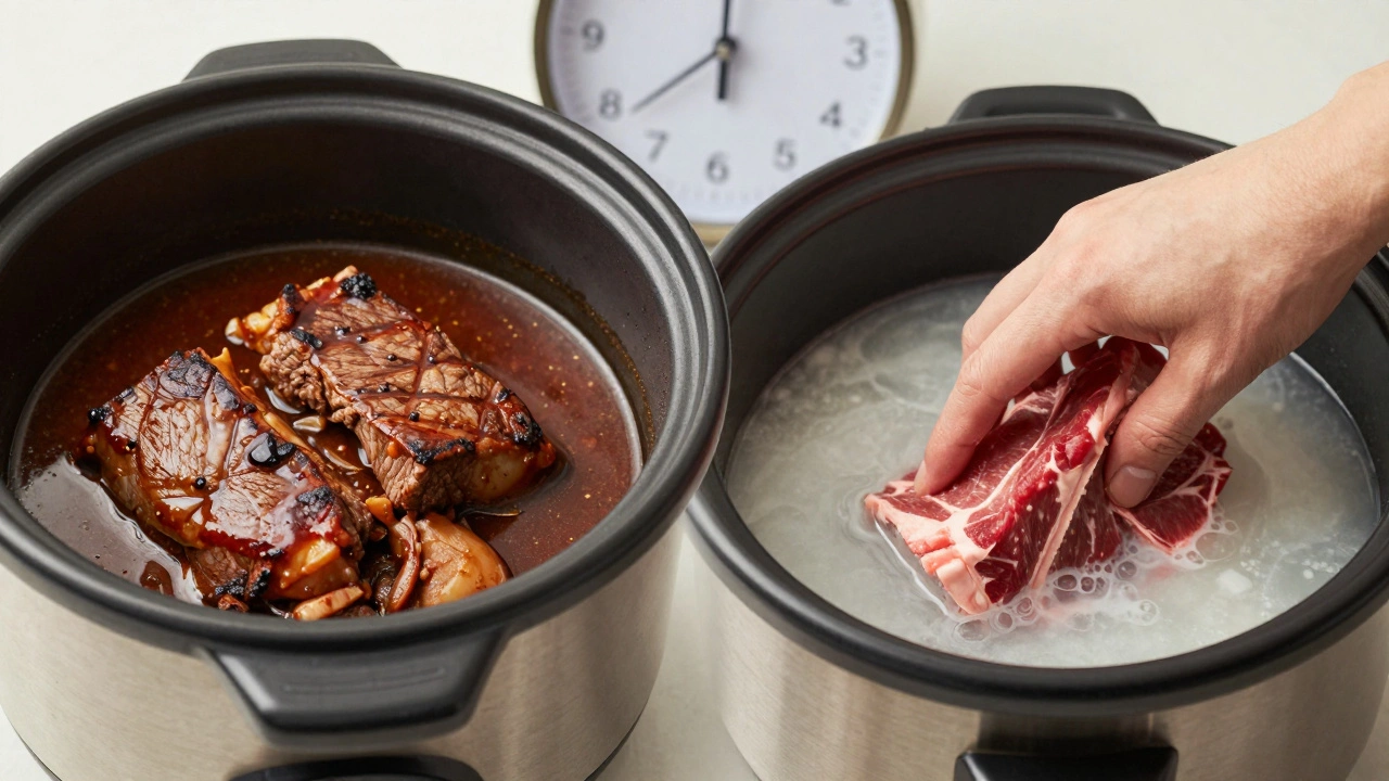 Two slow cookers side by side — one with seared beef, one with raw beef — showing different cooking methods.