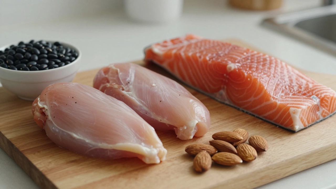 Unprocessed chicken, beef, salmon, and beans on a wooden board, no packaging.