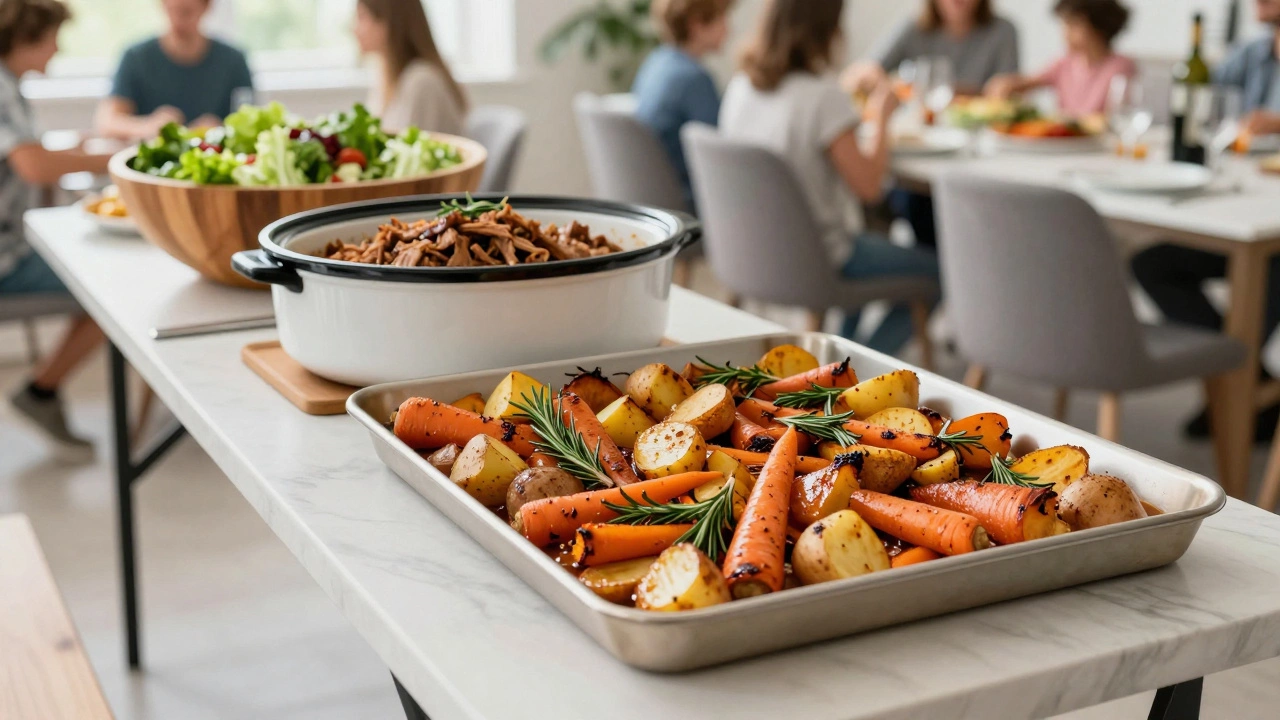 A buffet table featuring slow-cooked pulled pork and a tray of roasted root vegetables.