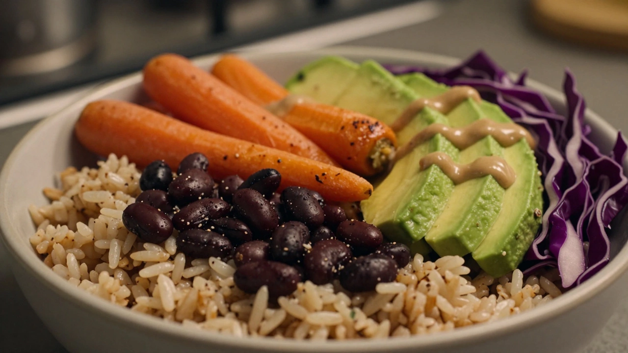 A colorful vegan Buddha bowl with brown rice, black beans, avocado, and roasted vegetables.