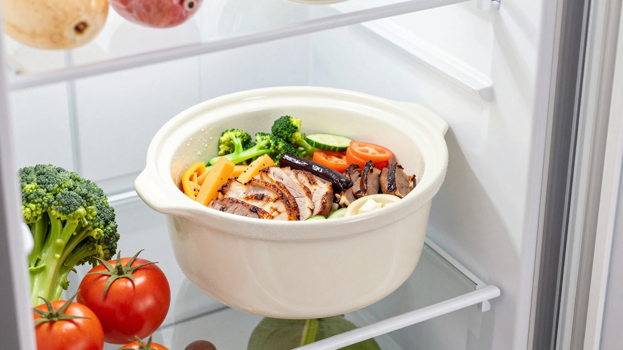 A prepped slow cooker crock stored safely inside a cold refrigerator.