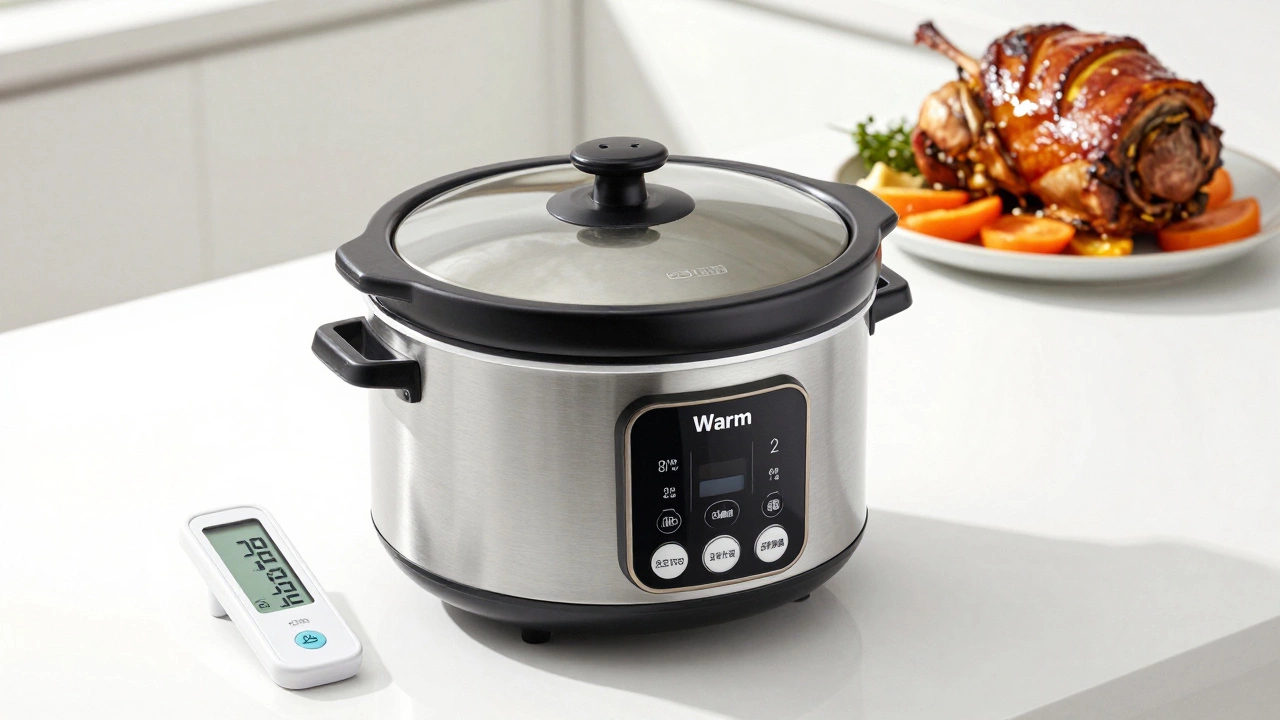 A programmable slow cooker with a digital meat thermometer and a perfectly cooked roast