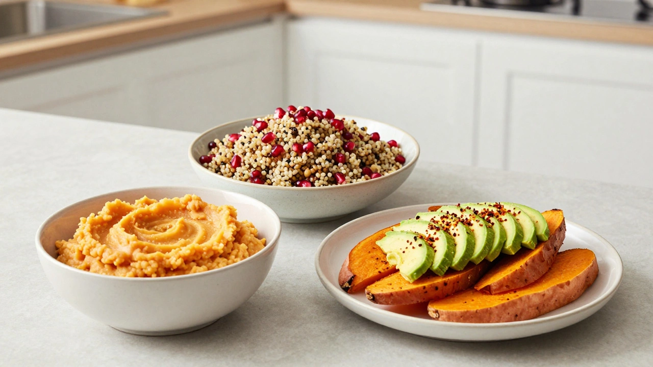 A selection of gluten-free dishes including mashed sweet potato and avocado sweet potato toast