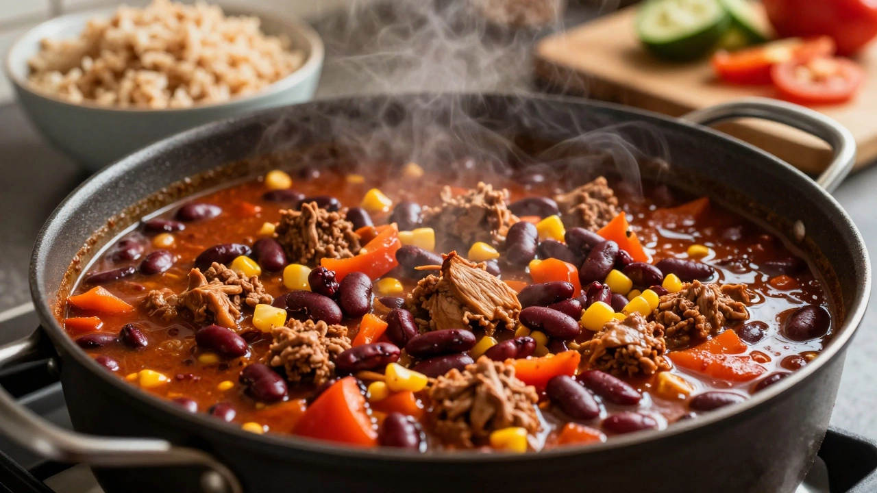 A simmering pot of hearty turkey and bean chili on a stove.