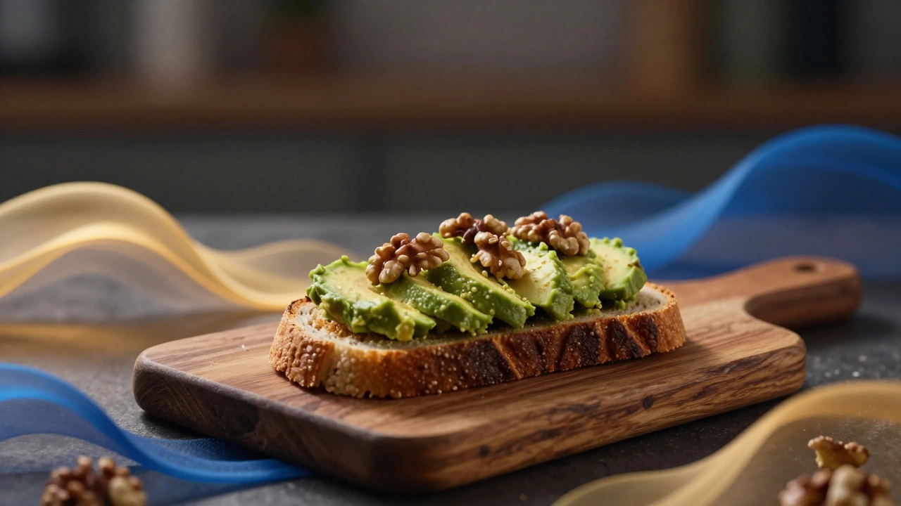 Avocado toast with walnuts on a wooden board with abstract energy waves