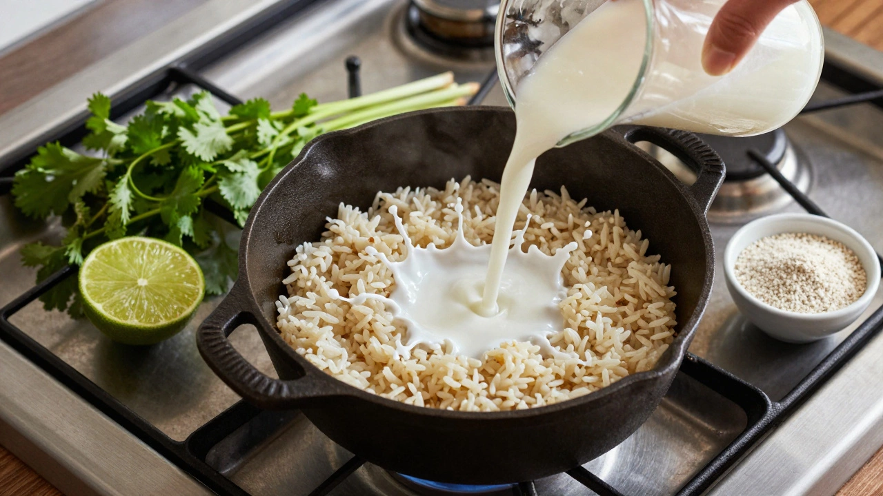 Coconut milk being poured into a pot of simmering rice surrounded by lime and cilantro.