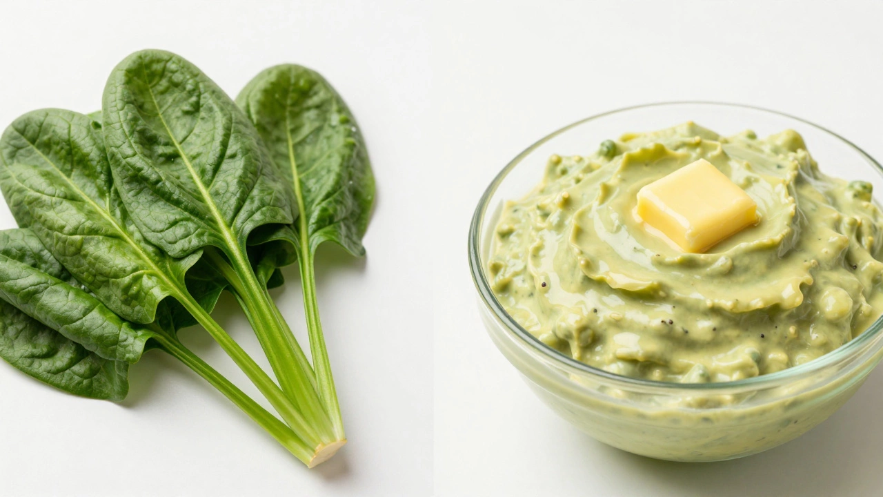 Comparison between fresh green spinach and a heavy bowl of creamed spinach with melted butter