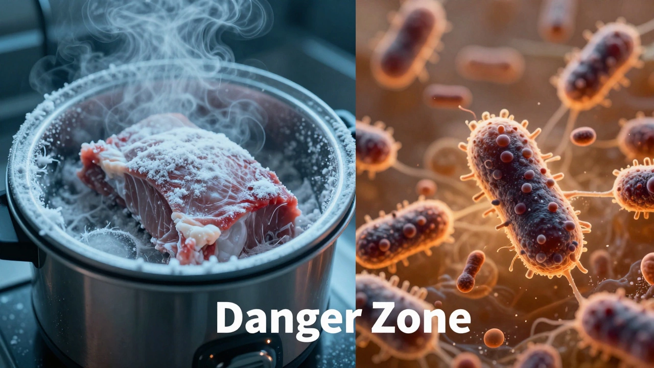 Conceptual split-screen showing frozen meat and microscopic bacteria in the food danger zone