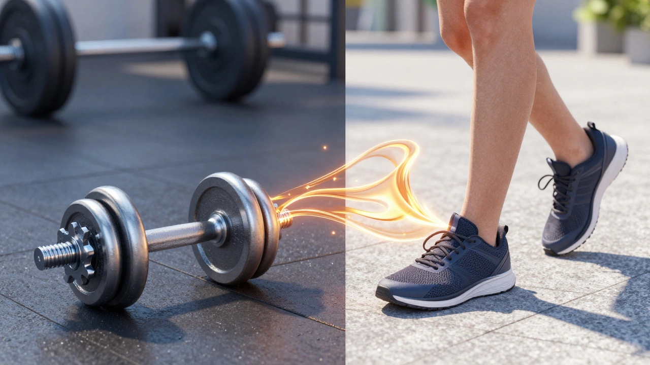 Dumbbells and walking sneakers connected by a glowing energy stream symbolizing metabolism
