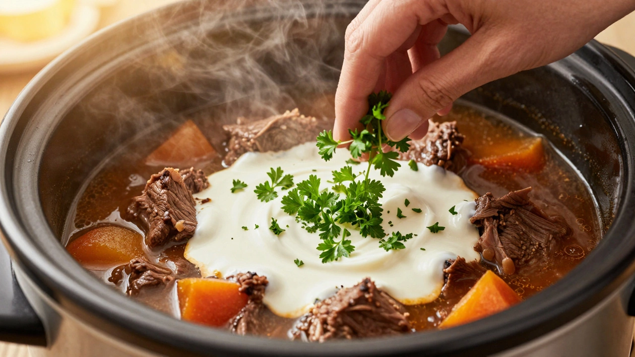 Fresh cream and parsley being added to a steaming beef stew in a slow cooker.