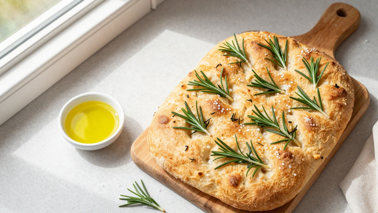 Freshly baked rosemary focaccia bread with olive oil on a wooden board