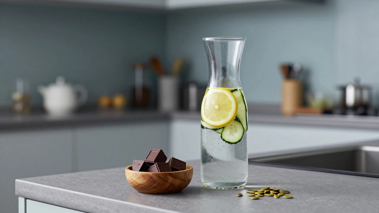Glass carafe of lemon cucumber water next to dark chocolate and pumpkin seeds