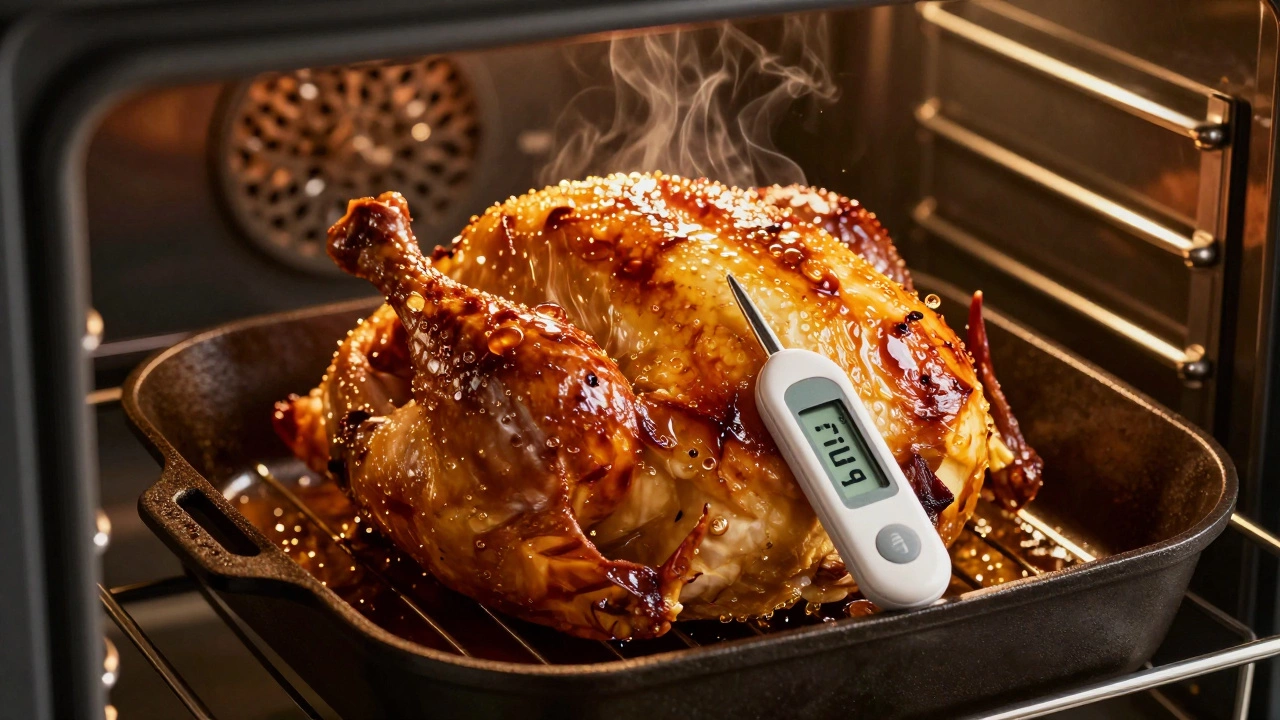 Golden brown chicken roasting on a rack in an oven with a digital thermometer