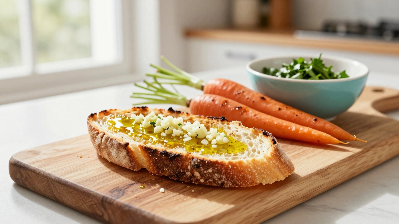 Healthy alternative side dishes including toasted sourdough with garlic and roasted herb carrots