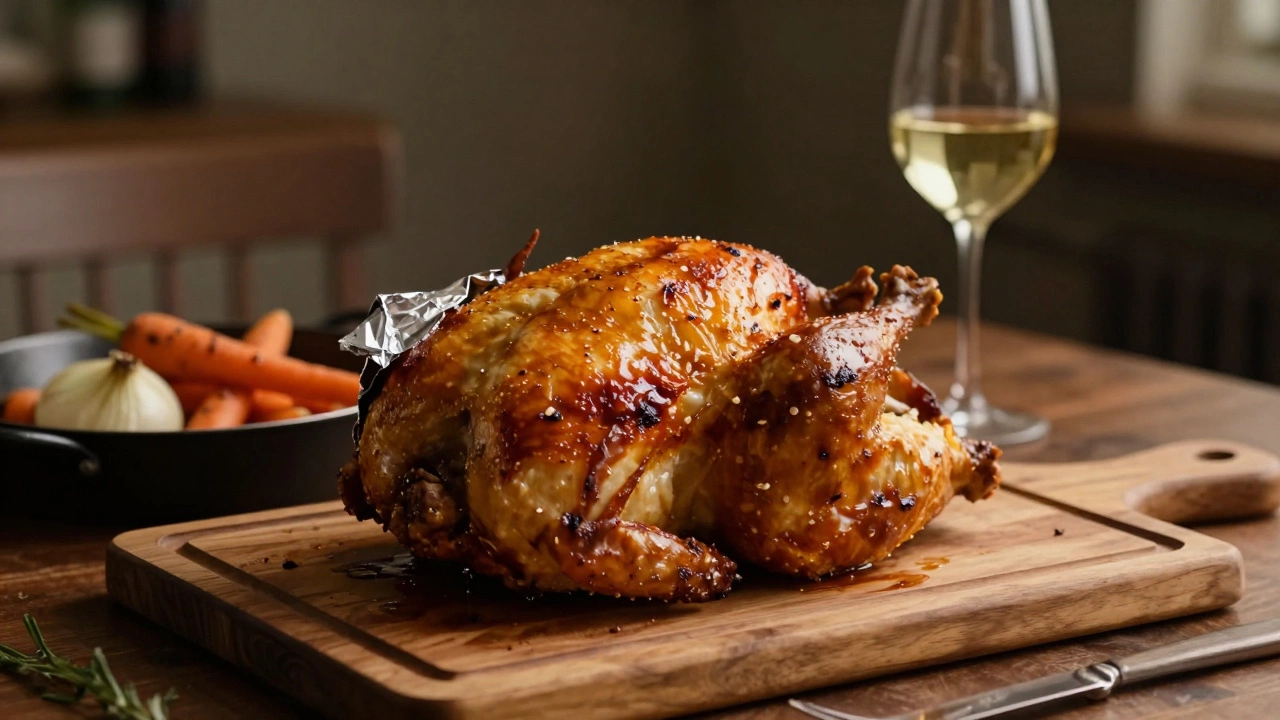 Roasted chicken resting under aluminum foil on a wooden carving board