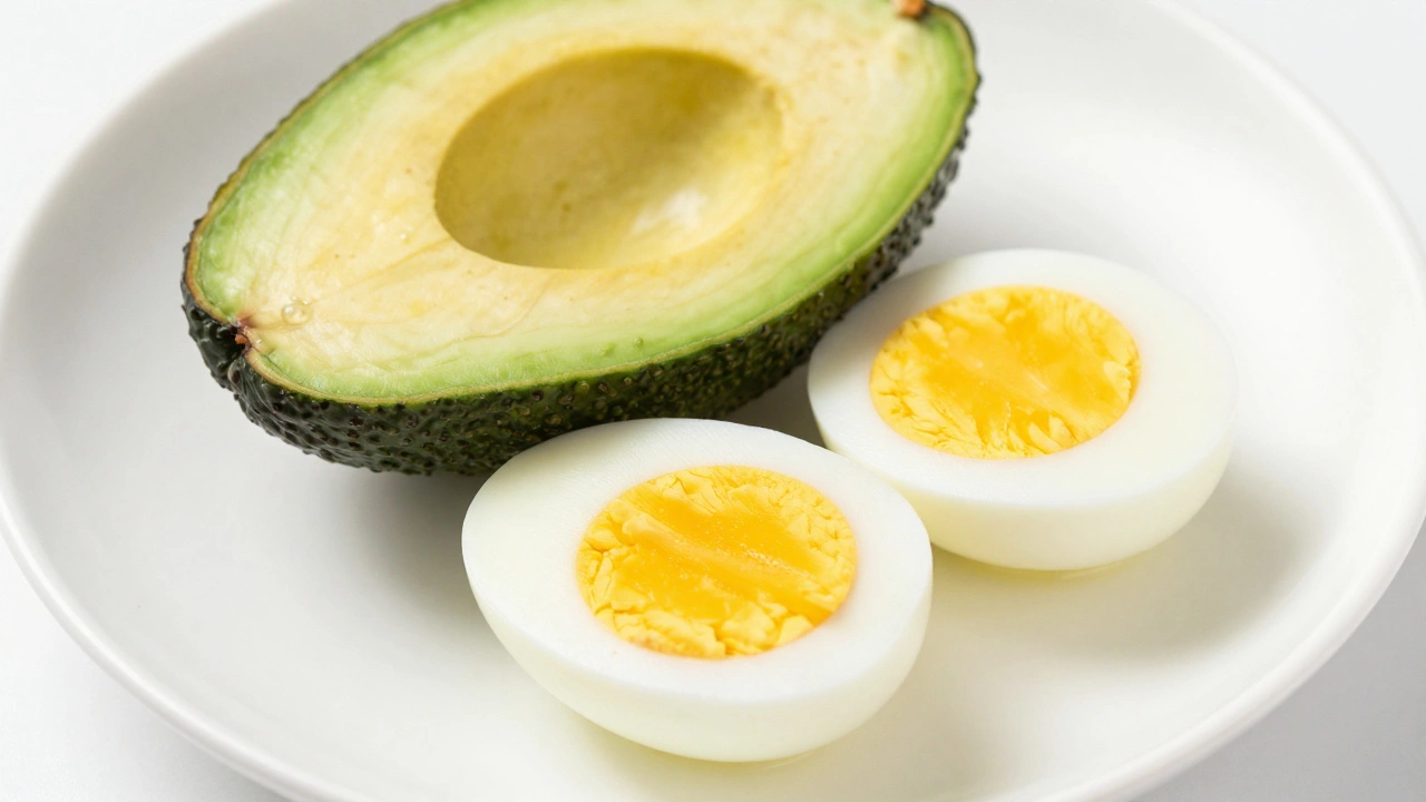 Slices of fresh avocado and halved hard-boiled eggs on a white ceramic plate.
