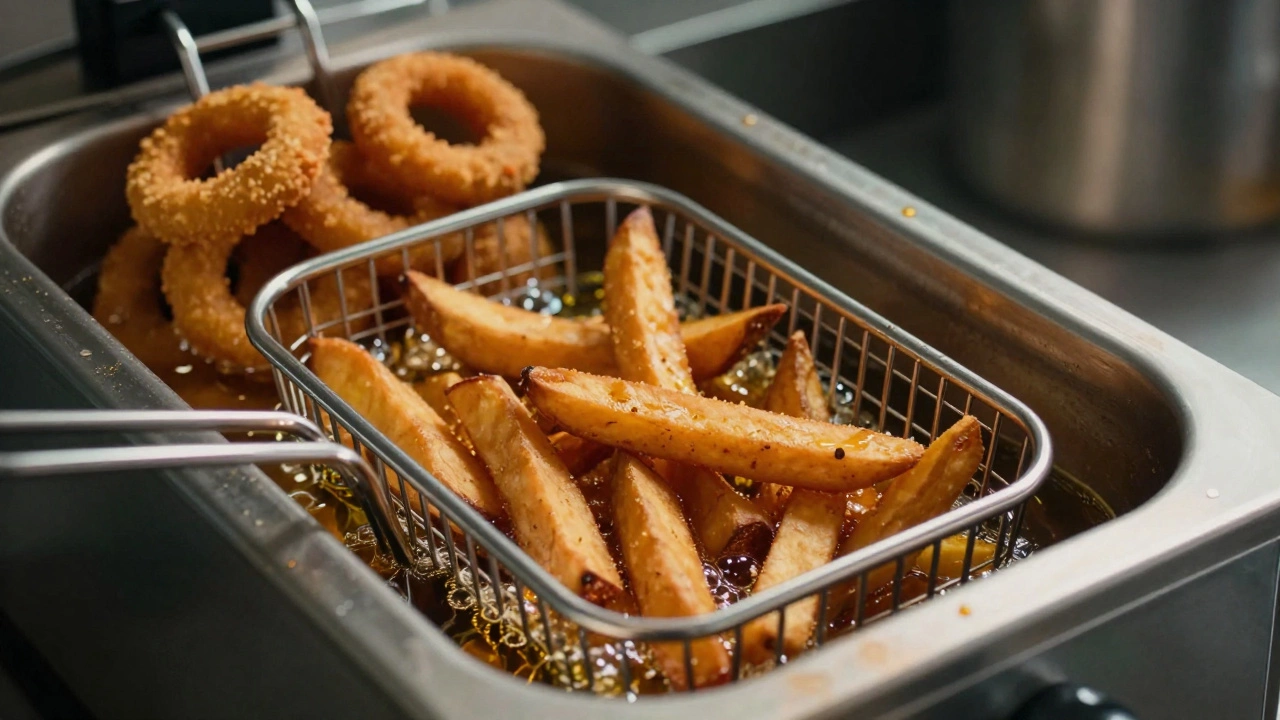 Sweet potato fries being deep fried in a professional kitchen with breaded items nearby