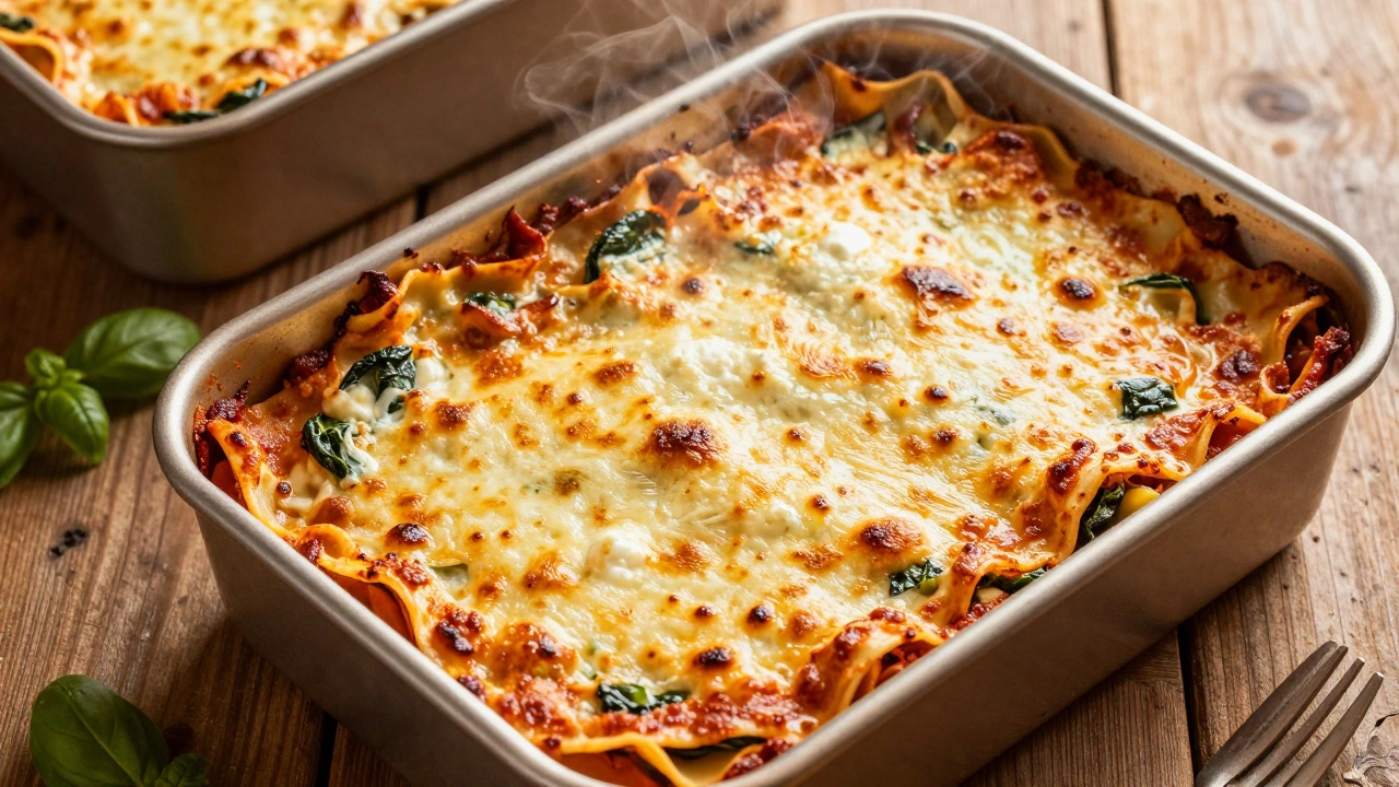 Two large pans of golden-brown baked lasagna with bubbling cheese and steam.