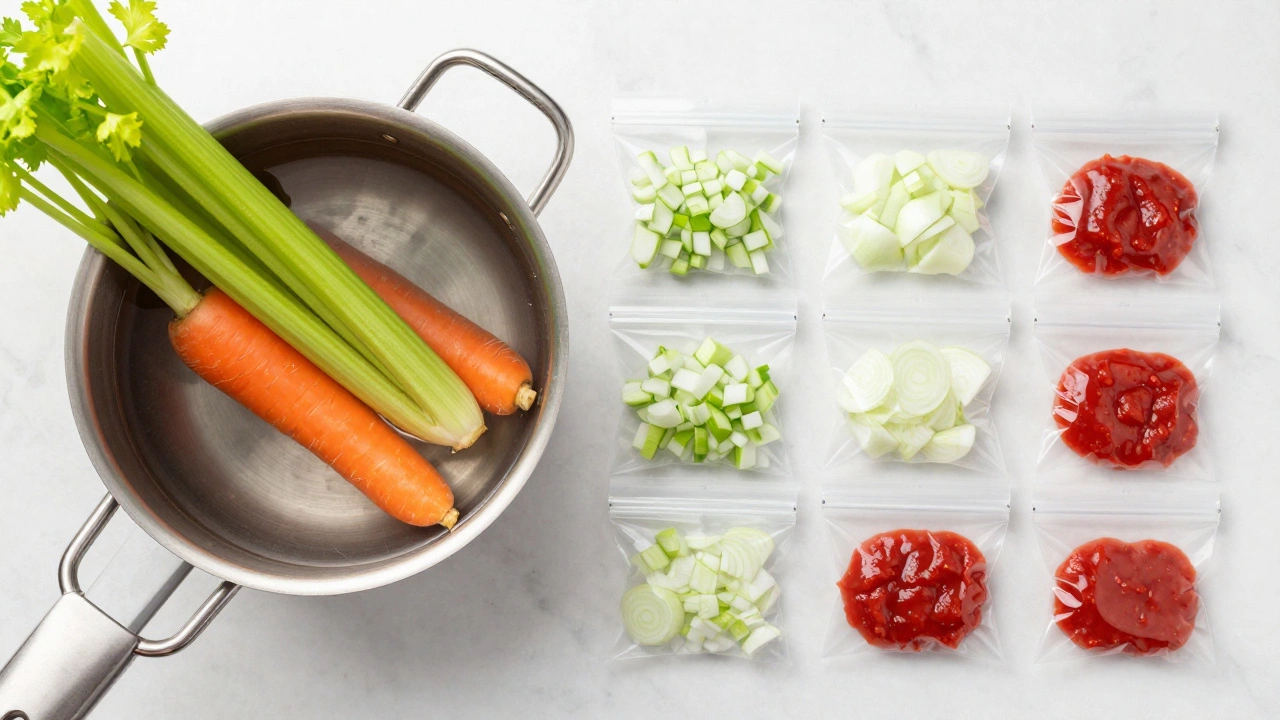 Wilted vegetables being used for stock and pre-portioned frozen ingredients.