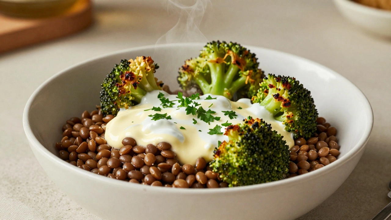 A steaming bowl of creamy lentil and broccoli salad topped with Greek yogurt sauce.