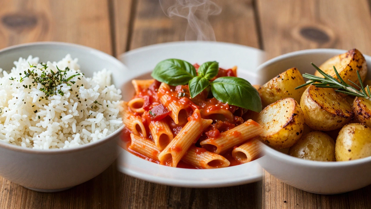 Bowls of rice, pasta, and roasted potatoes on wood table