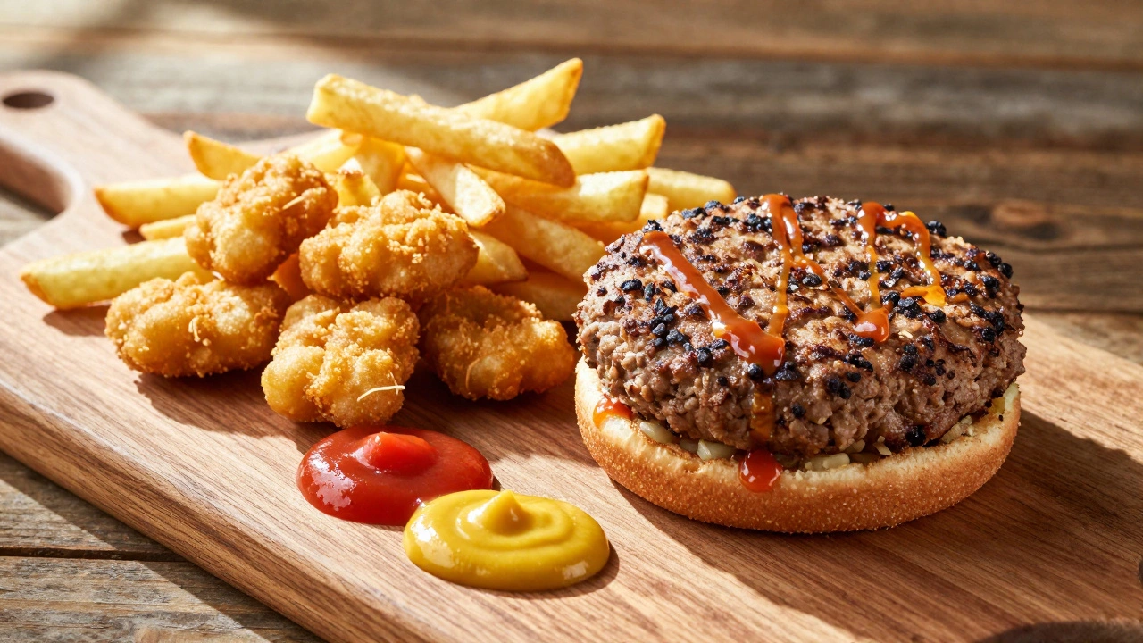 Close-up of a plant-based burger, fries, and nuggets on a wooden table.
