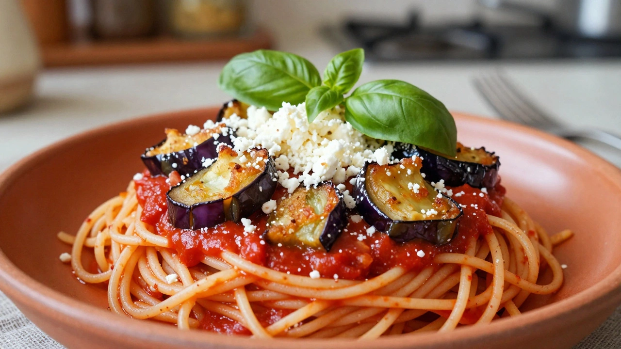 Close-up of Pasta alla Norma with fried eggplant, tomato sauce, and ricotta salata cheese